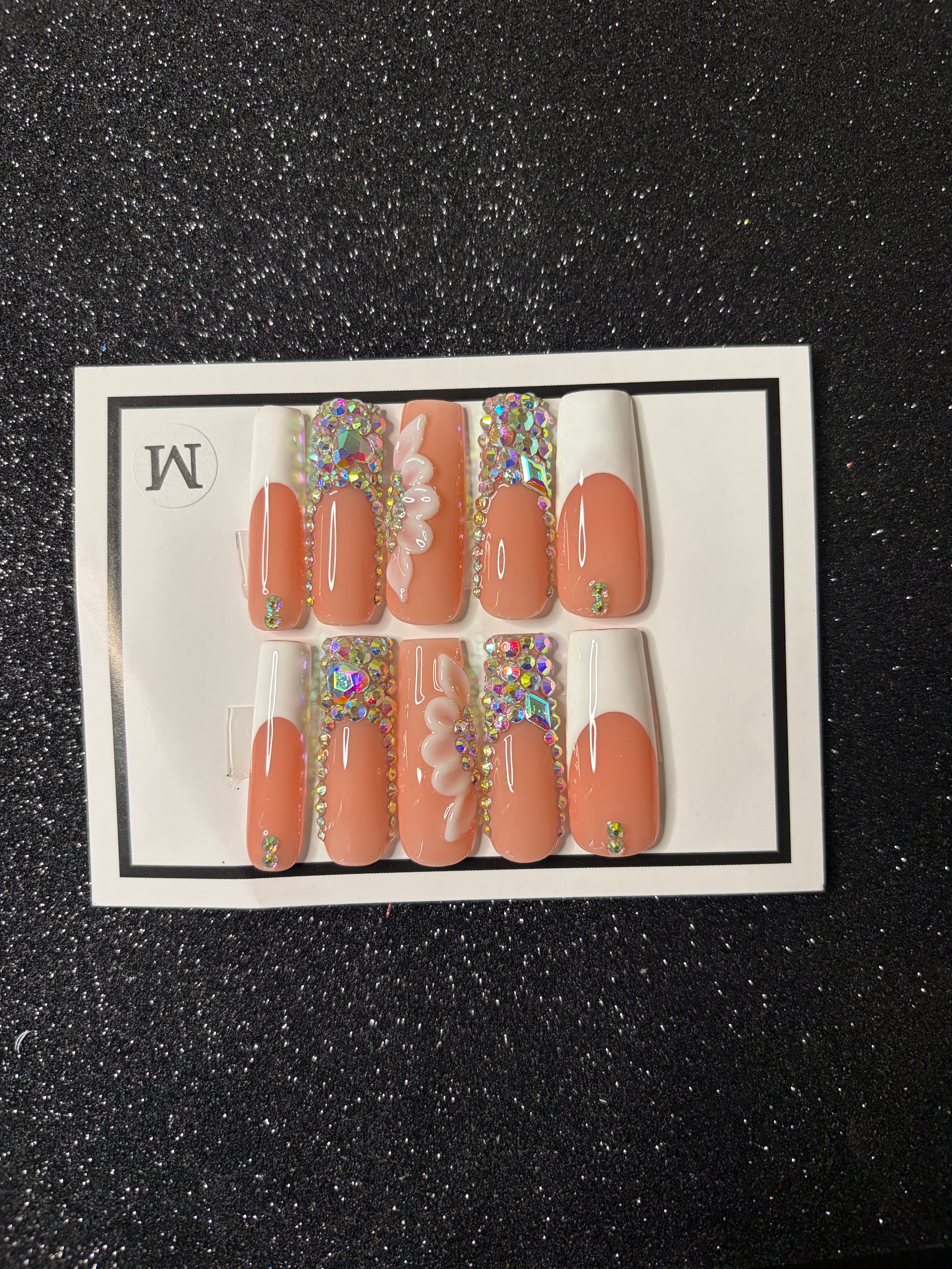 French Tip Floral Bling Long Square